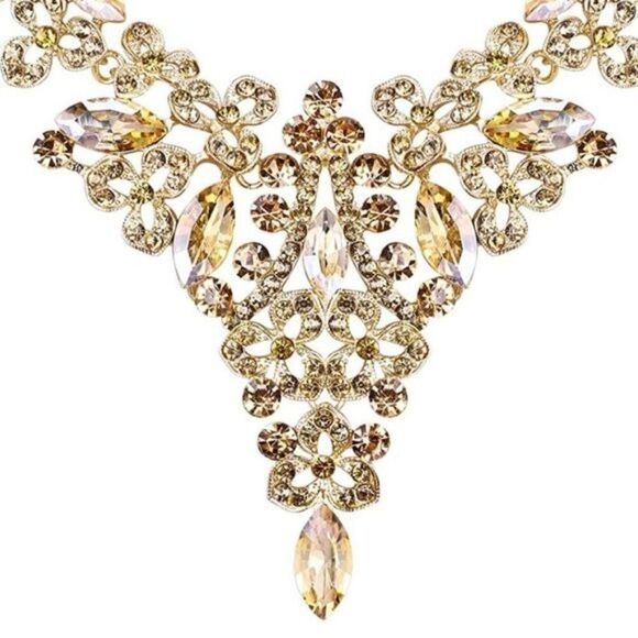 Yellow Gold and Champagne Austrian Crystal Flower Bib Necklace and Earrings Set - Picture 3 of 6